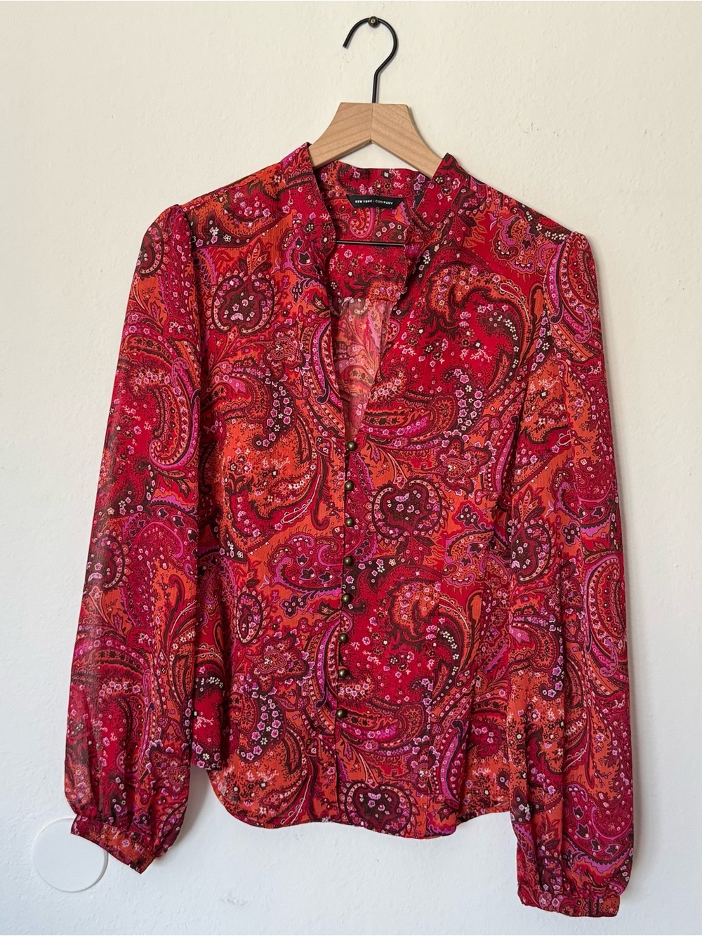 New York & Company Sheer Paisley Longsleeve Blouse